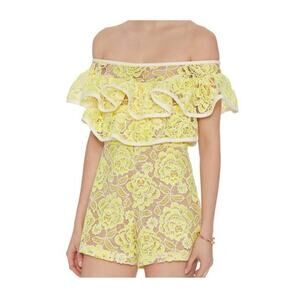 Alexis lemonade yellow crochet lace ruffle off shoulder romper XS